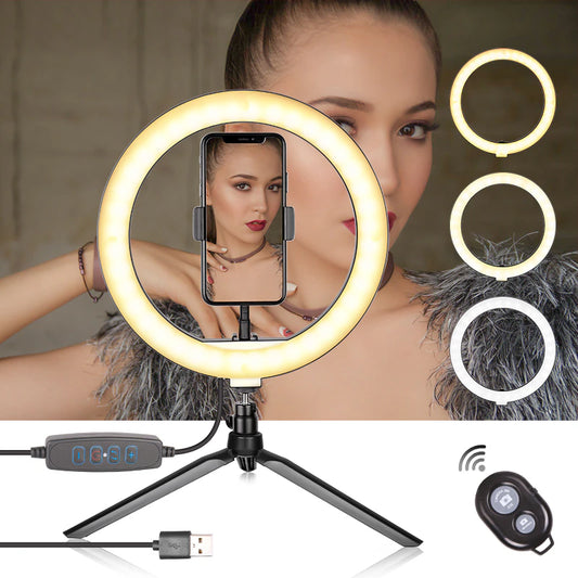 10 Inch Selfie Ring Light with Tripod Stand & Cell Phone Holder for Live Stream Makeup Mini Led Camera for Youtube